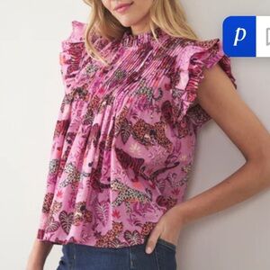 NWOT Printfresh Feline Fatale Pink Ruffle Sleeve Women's Top, Medium